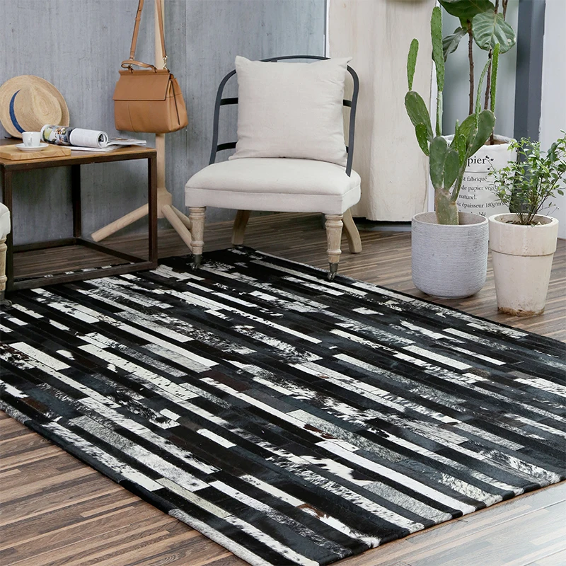 Роскошный квадратный полосатый ковер из воловьей кожи, полосатый ковер из натуральной коровьей кожи для украшения гостиной, офиса