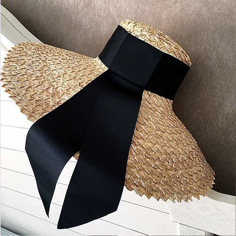 Women Classical Wheat Straw Hat Summer Cap 18cm Large Wide Brim Sun Hat Elegant Floppy Ribbon Beach Hat Vocation Derby Hat - Цвет: 18cm brim style1