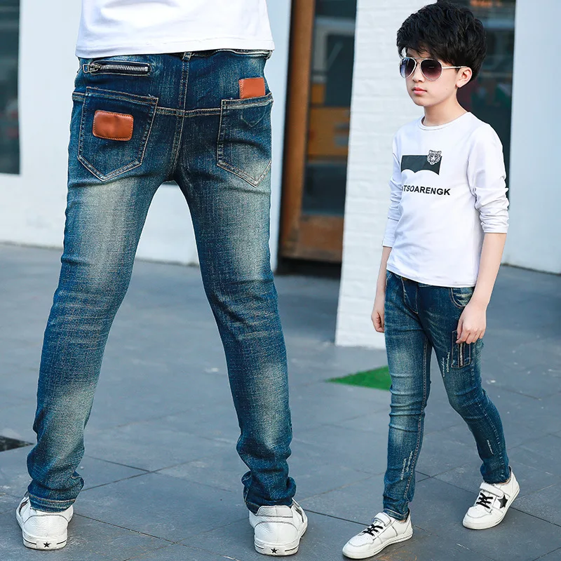 2 Children Clothing Baby Boys Jeans Ripped Kids Boy Denim Pants Scratch Teens Trousers Zipper Leather Patch Casual Elastic Waist