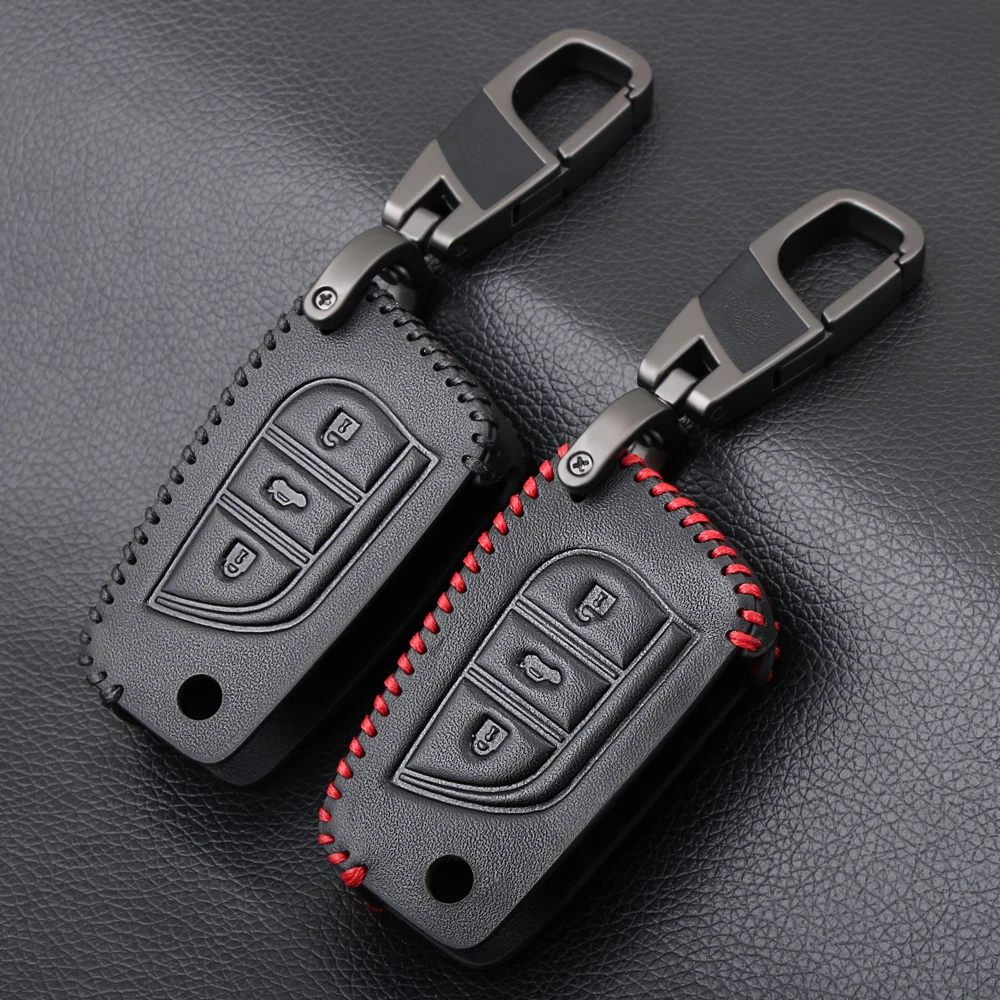 3 Button Leather Car Remote Key Fob Shell Cover Case For Toyota Auris