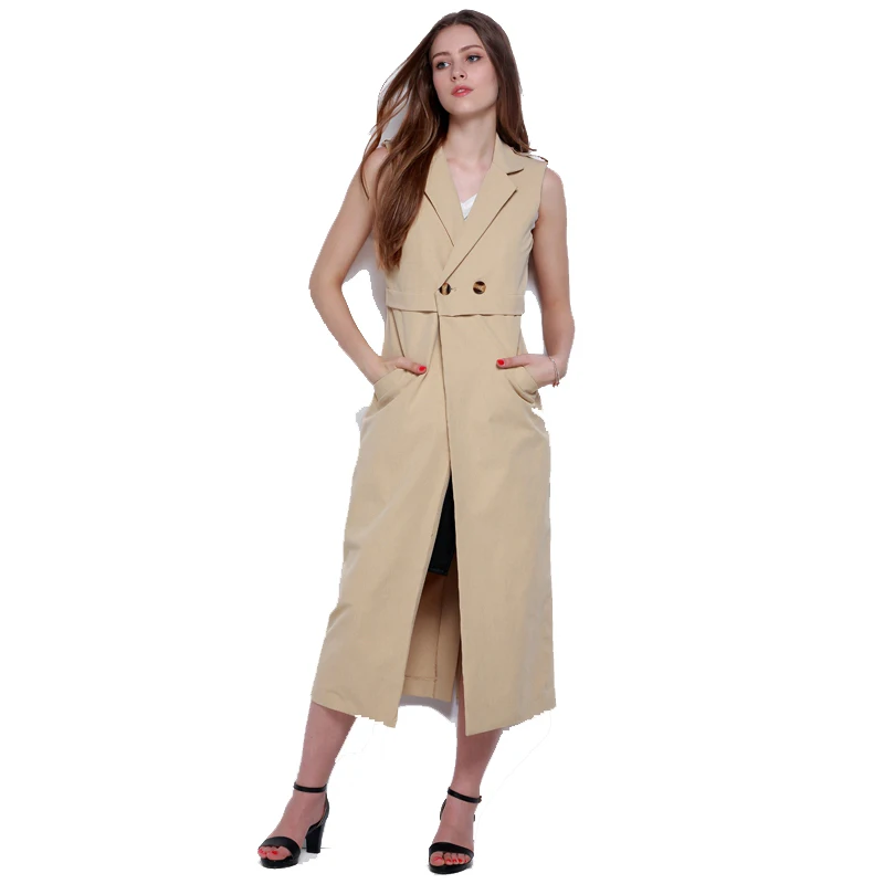 Button Slim Sleeveless Long Trench Vest Women Sleeveless Office Coat