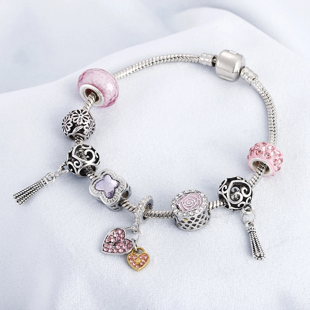 

Original Silver Charm Purple Crystal Bracelet & Bangle Love and Key Beads Alloy Snake Chain Personality Women Wedding Jewelry