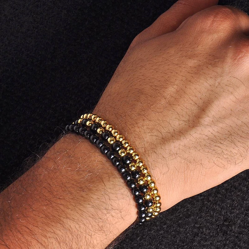 

Norooni Brading Macrame Men girl Bracelets Gold 4MM Round Beads Wrap Titanium Steel Bead Bracelets Women mens rope bracelet