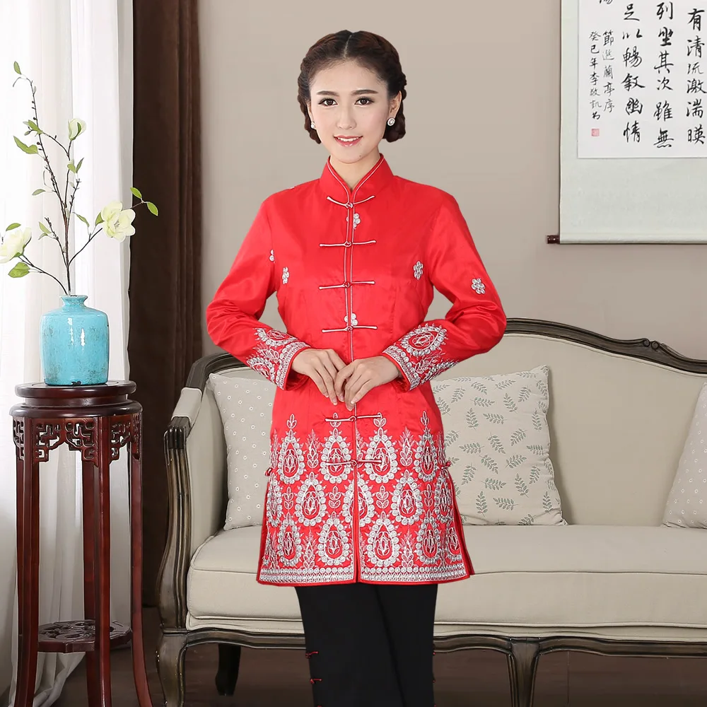 

Traditional Chinese Long Coat Women's Satin Red Jacket Size M-4XL