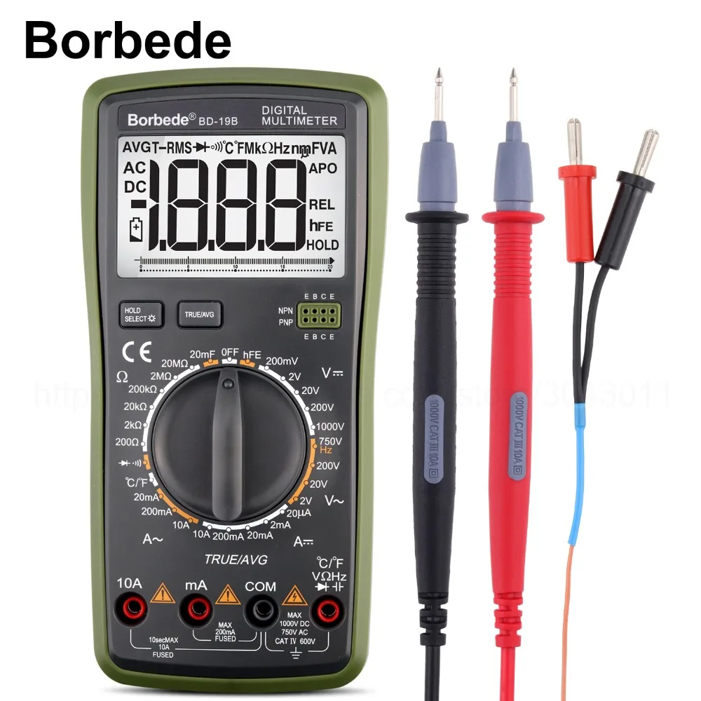 

Borbede BD-19B Digital Multimeter 2000 Counts DC AC Voltage Current Resistance Capacitance Temperature True RMS Diode Tester