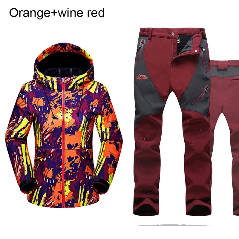 Женские Зимние флисовые теплые треккинговые водонепроницаемые куртки для рыбалки и альпинизма флисовые штаны спортивные походные брюки комплект - Цвет: Orange winered