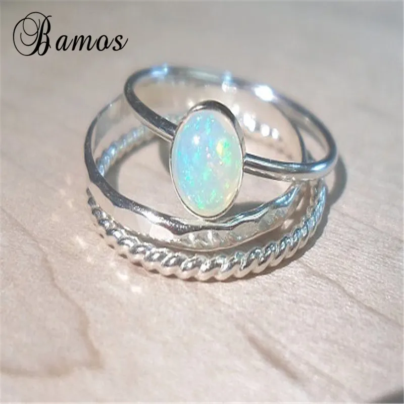 Bamos винтажные серебристый цвет, опал кольцо набор простой укладки миди обручальные кольца для Для женщин мода камень ювелирные изделия лучший подарок