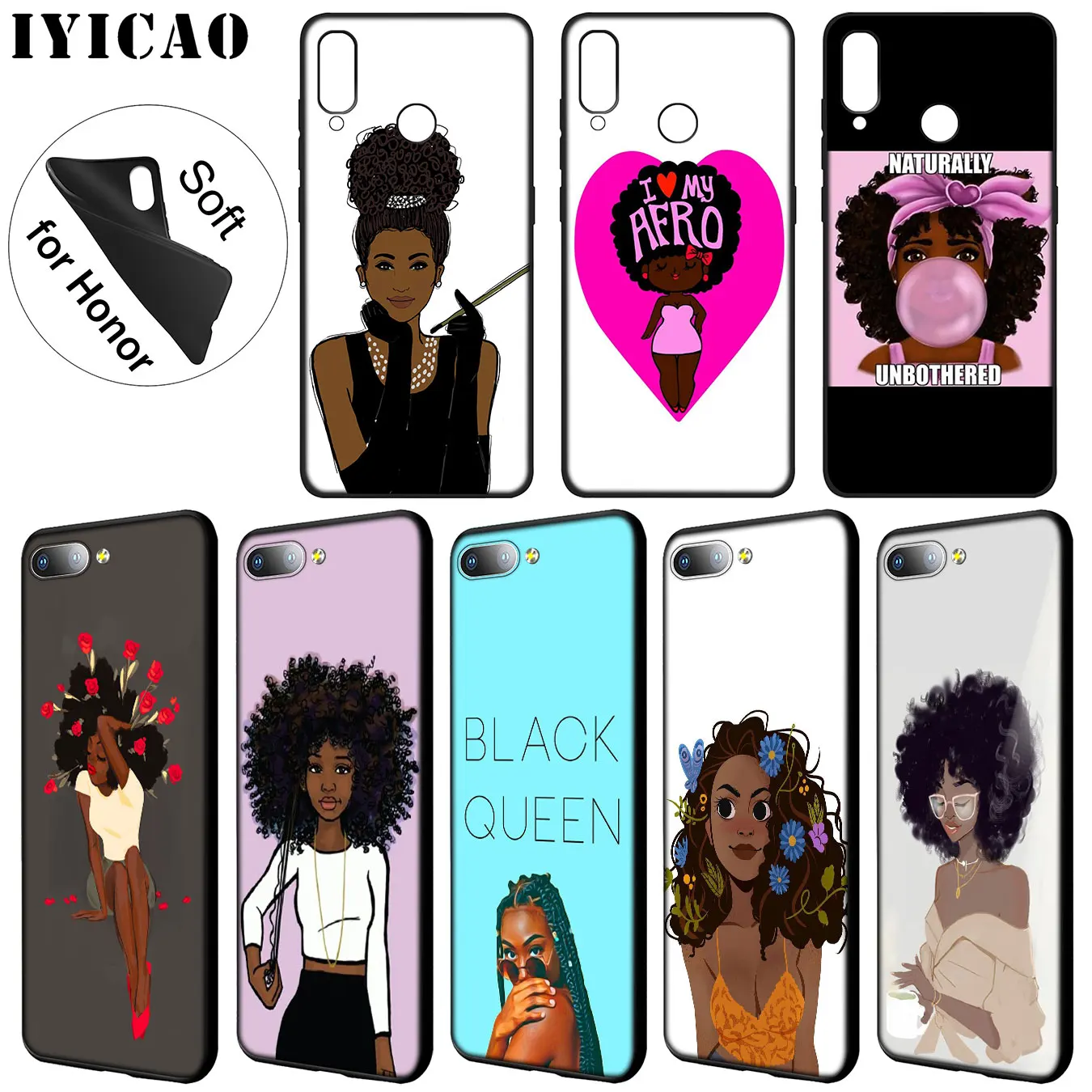 IYICAO Lovely Afro Girls love Soft Silicone Phone Case for Huawei Y9 Y7 Y6 Prime 2019 Honor 20 8C 8X 8 9 9X 10 Lite 7C 7X 7A Pro |