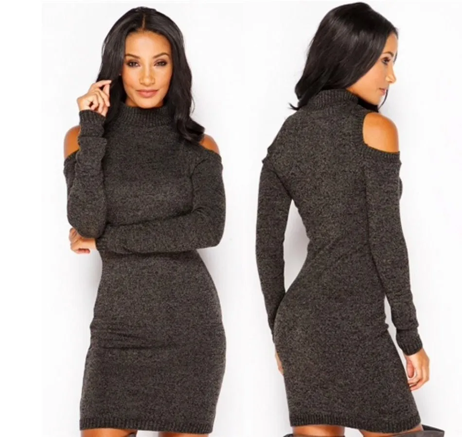 Off Shoulder Knitted Cotton Long-Sleeve Bodycon Mini Dress - Uniqistic.com