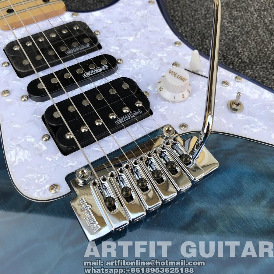Lake Blue Quilted Maple Top Wilkinson Pickups Tremolo Bridge Coil Split M6 Locking Tuners 6 String Clean Sound Stratocaster Electric Guitar  (8)