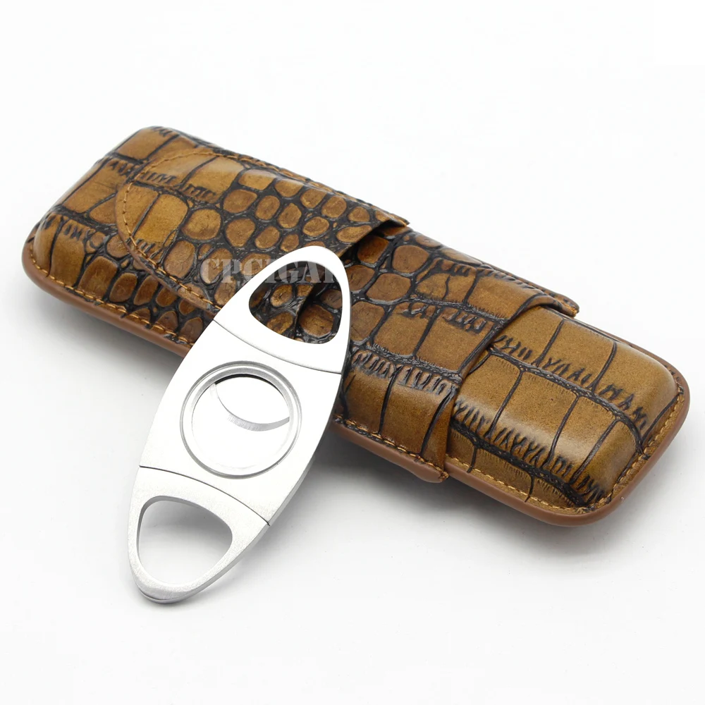 Luxury Genuine Leather Cigars Tube Stainless Steel Cigar Cutter