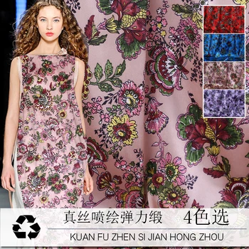 

4 Color To Choose Floral Spring Print Stretch Silk Fabric By The Meter Width 46 Inch