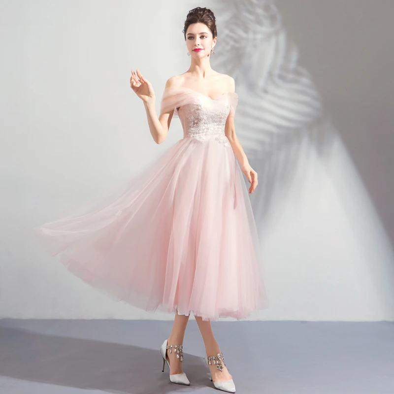 

Backless Prom Gowns Pink Customized Plus Size Off The Shoulder Sleeves Tea-length A-line Tulle Simple Party Formal Dresses E218