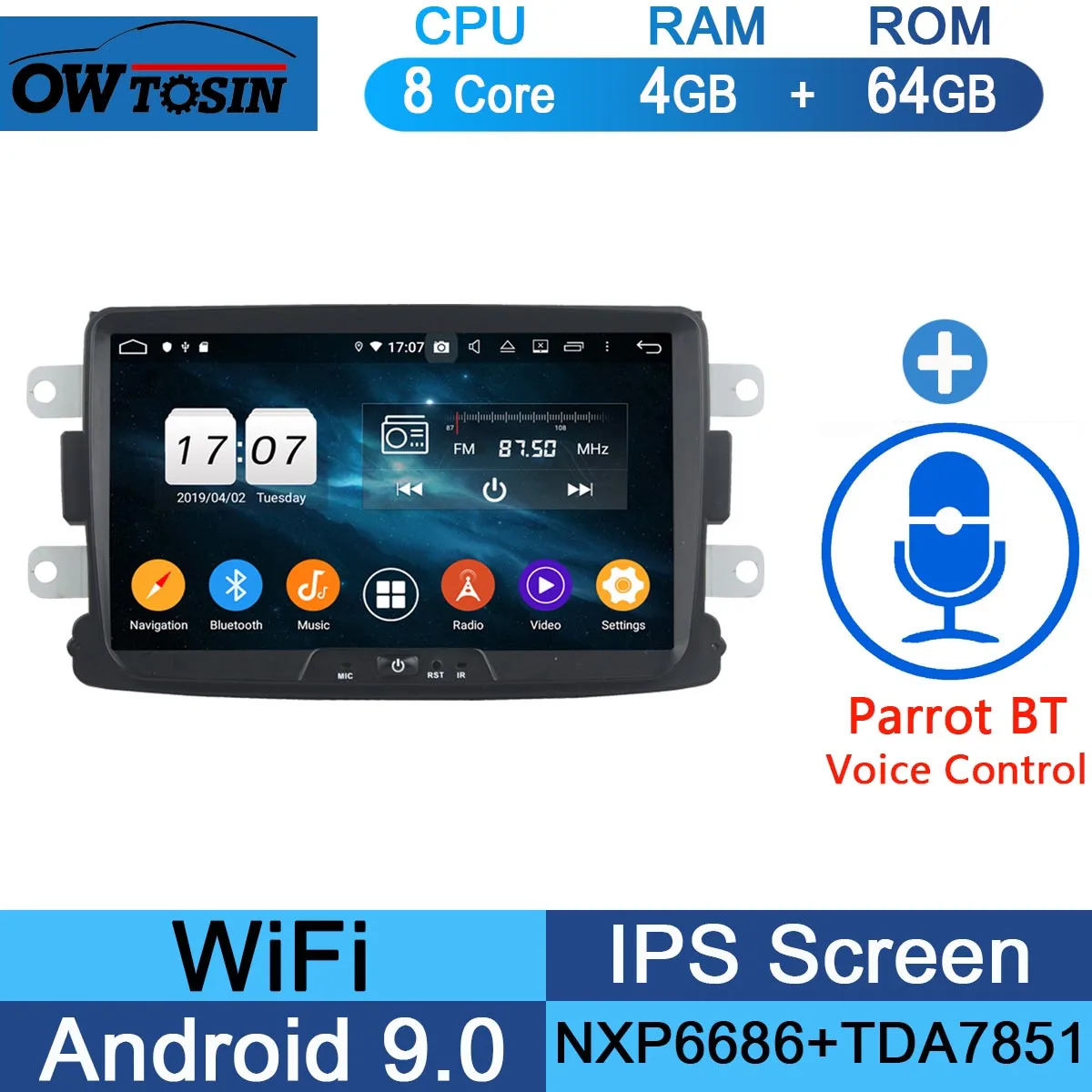 " ips 8 ядерный 4 Гб ram+ 64 Гб rom Android 9,0 автомобильный DVD радио gps для Renault Dacia Sandero Duster Lada Xray Logan 2 DSP CarPlay плеер - Цвет: 64G Parrot BT