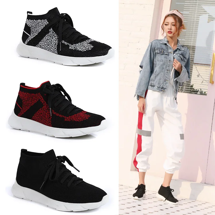 JINBEILEE New Sports Shoes Women's Running Flying Woven Shoes Breathable Mesh High To Help Casual Walking Shoes