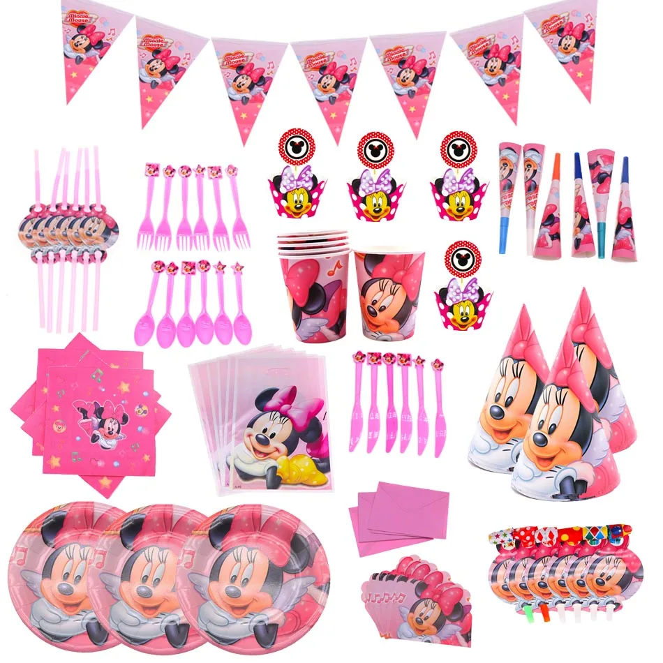 Cartoon Minne Mouse Theme Tablecloth Kids Favor Pink Paper Cup Plate Party