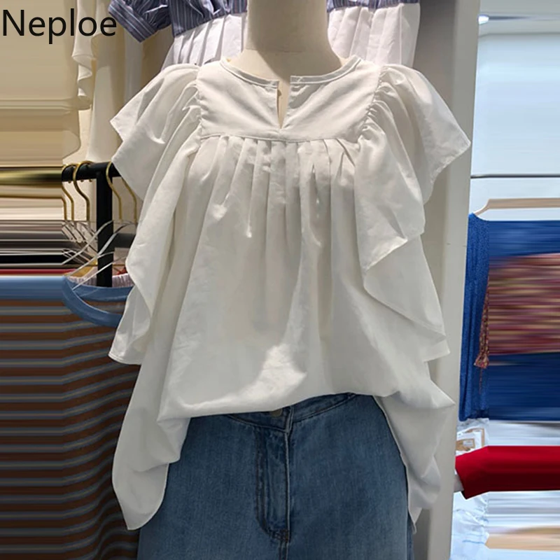 

Neploe Short Sleeve Ruffles Blouses Women Shirts Pleated O-neck Blusas 2019 Summer Korean White Black Tops Camisa Feminina 53485