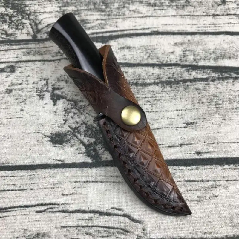 TRSKT Damascus Hunting Knife Survival Camping Knives , 60Hrc Steel + Ebony Handle Rescue Outdoor knife with Leather sheath