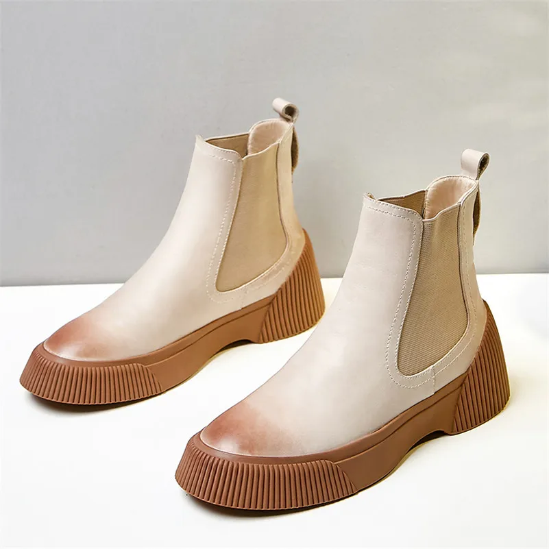 Meotina/осенние ботинки «Челси»; женские ботильоны из натуральной кожи на плоской подошве; полуботинки с круглым носком и пряжкой; женская зимняя обувь; размеры 34-39 - Цвет: Apricot Velvet Linin