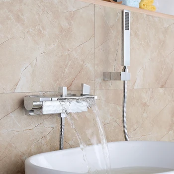 

Luxury Bathroom Shower Faucet Chrome Finished Waterfall Bath Faucet Mixer Tap With Hand Shower Head Shower Faucet Set Wall Mount
