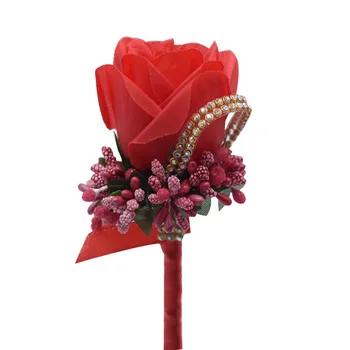 

5Pieces/Bag Handmade Wedding Boutonniere Groom Groomsman Corsage Artificial Flower Red Silk Rose Party Prom Men's Suit Brooch