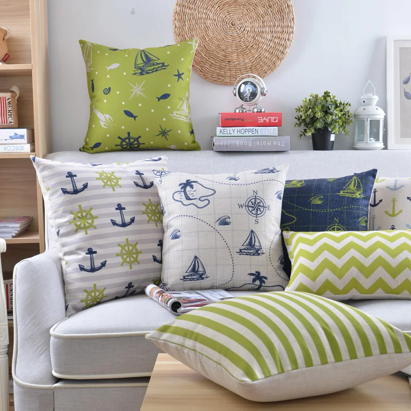 Wholesales Linen Pillow Cover Mediterranean Chervron Anchor Navy Stripe Geometric Home Decorative Case 45x45cm/30x50cm | Дом и сад