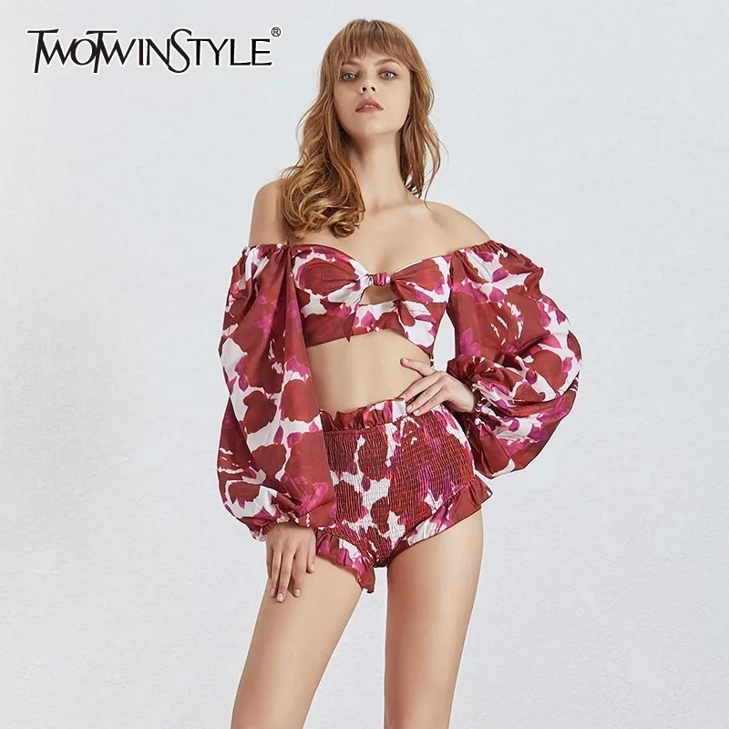 TWOTWINSTYLE Sexy Print Beach Women Suit Square Neck Lantern Sleeve Hollow Out Crop Tops High Waist Shorts Two Piece Set Female TWOTWINSTYLE Sexy Print Beach Women Suit Square Neck Lantern Sleeve Hollow Out Crop Tops High Waist Shorts Two Piece Set Female