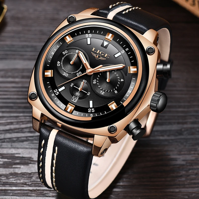 

LIGE Mens Watches Top Brand Luxury Military Sport Watch Men Leather Waterproof wristwatch Analog Quartz Watch Relogio Masculino