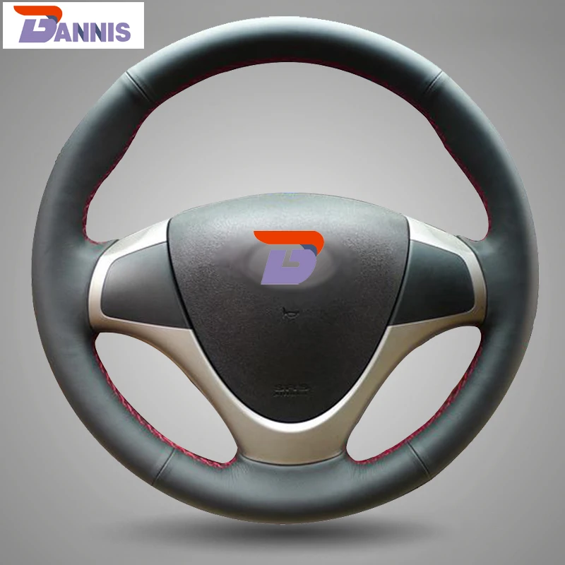 BANNIS Black Artificial Leather DIY Hand stitched Steering Wheel Cover