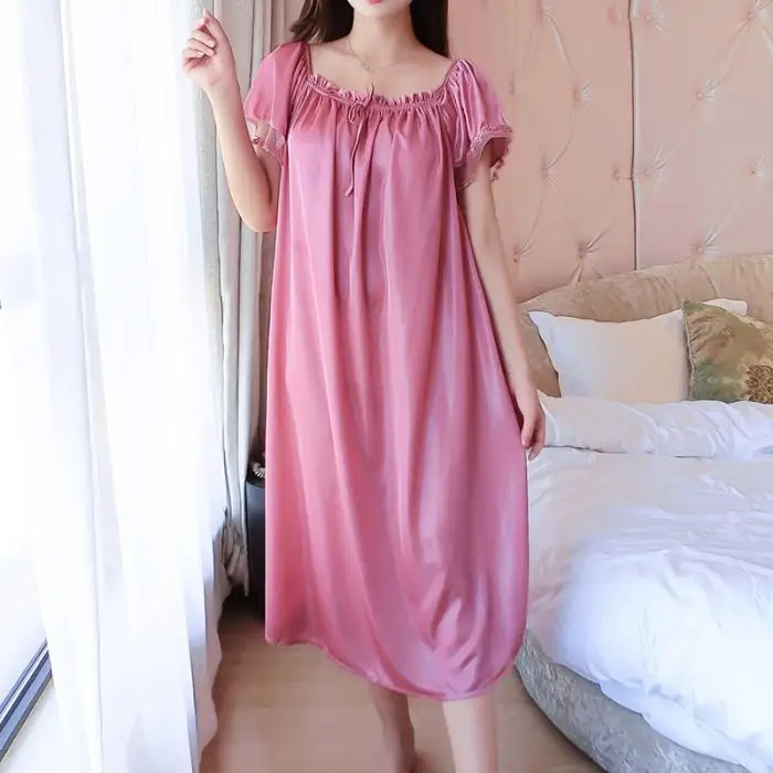 Ladies Nightgown Soft Crew Collar Short Sleeve Long Sleeping Dress NSV775