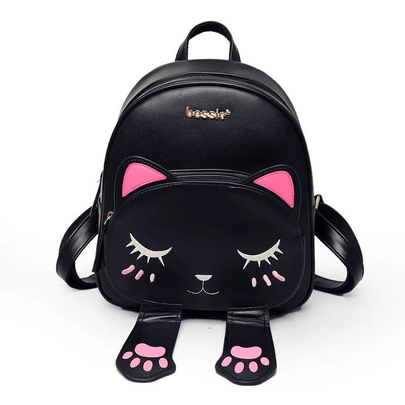 Высококачественный Женский рюкзак с кошачьими ушками, забавный рюкзак из искусственной кожи в стиле аниме, школьная сумка для девочек-подростков, маленькие рюкзаки Mochila - Цвет: Leather Zipper Black