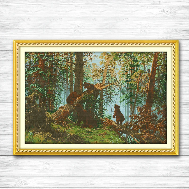 Медведи в сосновом лесу утренний пейзаж Счетный напечатанный на холсте DMC 11CT 14CT Набор для вышивки крестом наборы для рукоделия вышивка своими руками