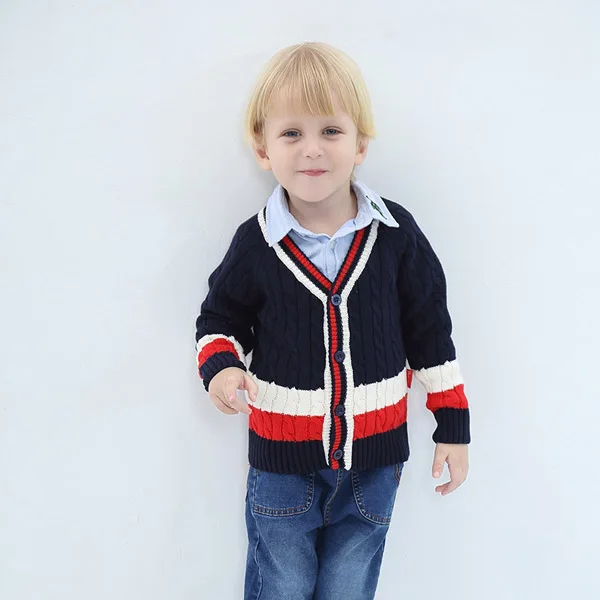 Детская одежда свитер для мальчиков v-образным вырезом одной кнопки полосатый хлопковый свитер весна-осень; стильный