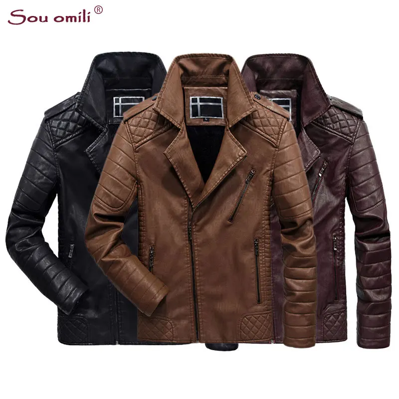 

Vintage Lozenge Leather Jacket Men Winter Jacket Windproof PU Coats Men Casaco jaqueta Moto casaco masculino Pocket Thin Fleece