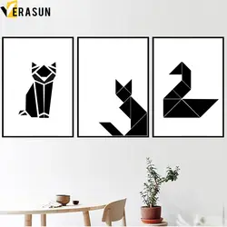 Абстрактная Геометрия кошка собака Лебедь плакаты на скандинавскую тему и принты Wall Art Холст Картина черный, белый цвет стены картину для