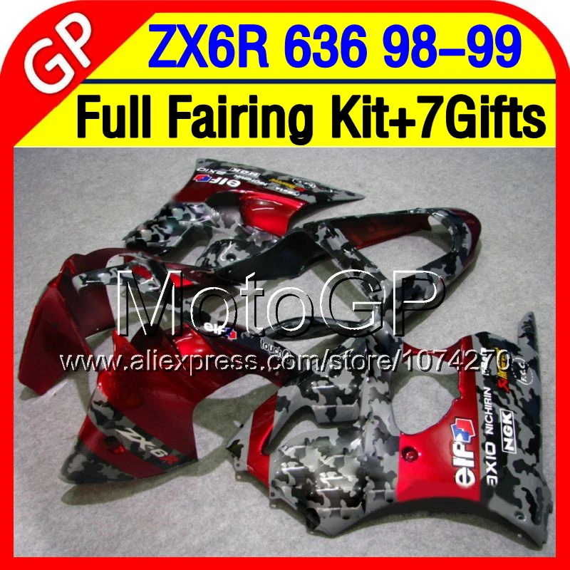 7gifts For KAWASAKI NINJA camouflage ZX6R 1998 1999 98-99 P6187 ZX-6R ZX636 ZX-636 ZX 6R red grey black 636 98 99 Fairing | Автомобили и