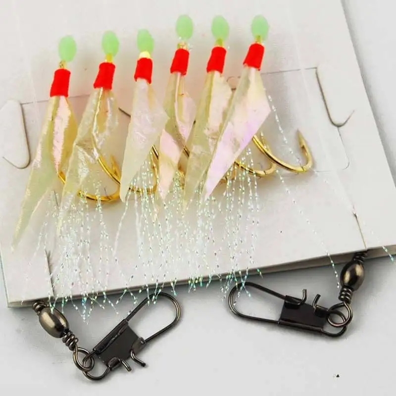 

6pcs/set Gold Hooks Sabiki Bait Rigs Luminous Beads Fish Skin Sabiki Fishing Lures 10#,12#,14#,16#,18#, 20# Attractive Fishhook