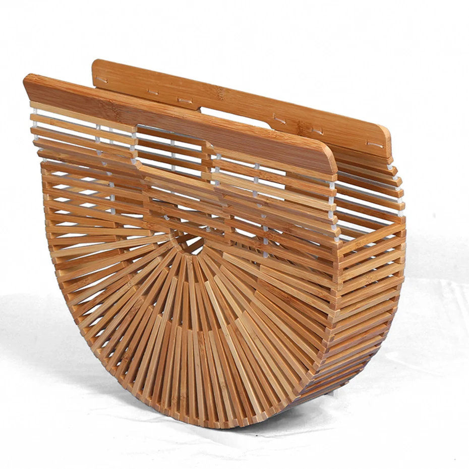 Outdoor Beach Unique Bamboo Handmade hollow out Basket Bag Fashion women Handbag Lovely Semi-Circular with beads balls