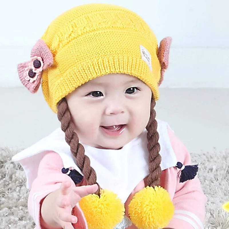 

Kids Baby Hat Cartoon Braid Winter Warm Girls Knitted Flower Big balls Ski Snow Toddler Soft