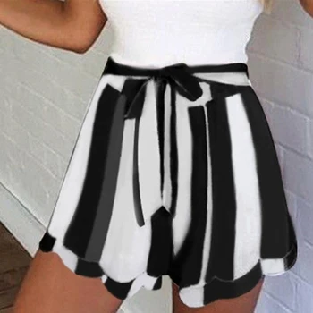

New Women Fashion Lotus Leaf Edge Striped Shorts Casual Heigh Quality Hot Sale High Waist Belted Drawstring Loose Short Feminino