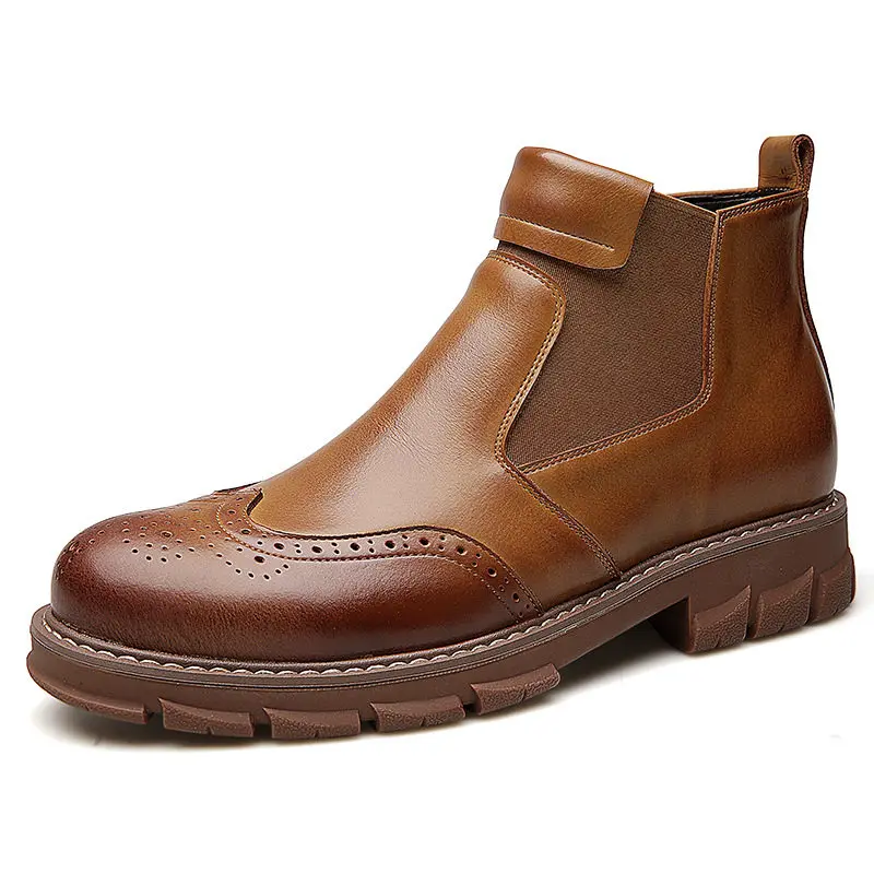 Мужские ботинки «Челси» из натуральной кожи с мехом ручной работы; высококачественные ботинки «броги» в стиле ретро; водонепроницаемые ботинки на платформе для мужчин - Цвет: Brown