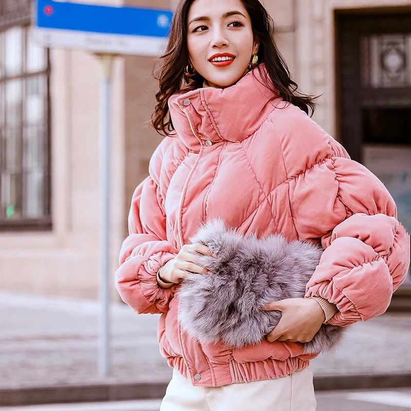 

2019 Winter Original Design Gloria&Grace Black/Pink Fashion Velvet Corduroy Loose Warm Thick Duck Down Jacket Coat Outerwear