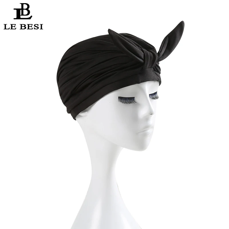 LE BESI новая Женская водонепроницаемая шапка для плавания с кроличьими летучими мышами из полиуретана, пляжная кепка с плиссированным узлом, эластичная шапочка для купания - Цвет: Черный