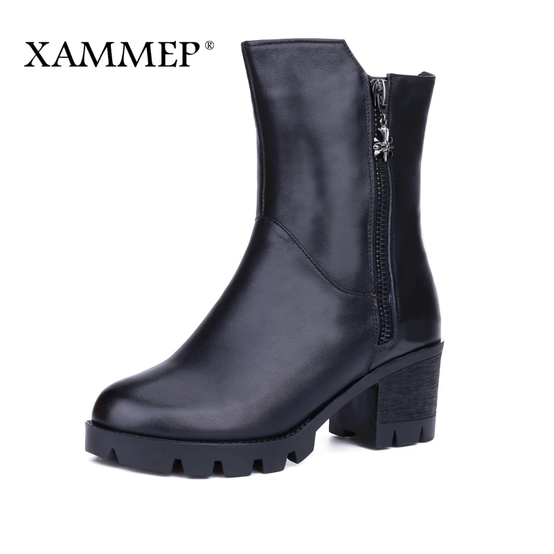 

Xammep Women's Winter Shoes Natural Wool Genuine Leather Women Winter Boot High Quality Mid Calf Boots Brand Women Winter Shoes