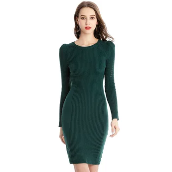 

Fall Winter Knitted Middle Long Slim Fit Sweater Dress for Women Elegant Ladies Elastic Long Ribbed Sweater Dresses One Size
