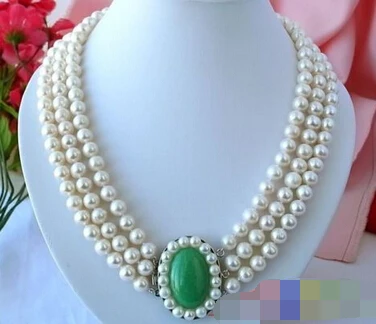 

Miss charm Jew995 3ROW 9-10MM WHITE ROUND FRESHWATER PEARL NECKLACE JADE AAA