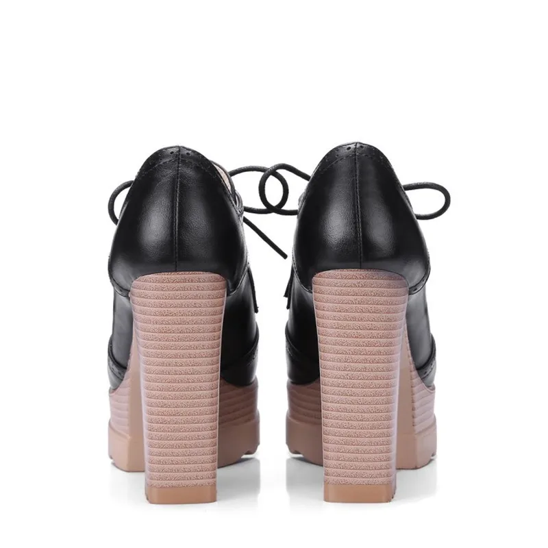 2019 Spring Fashion Women Pumps Platform Heels Rubber Black Lady Casual Brogue Shoes Leather Lacing High Heels Footwear Big Size (14)
