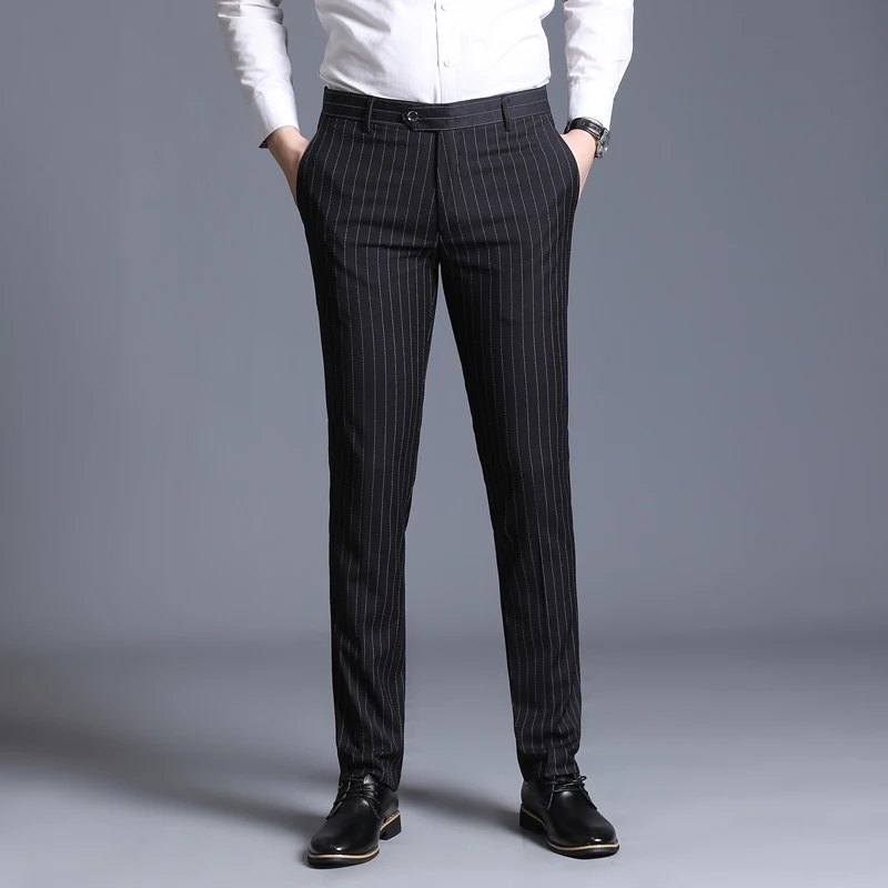 2019 summer fashion Men's thin striped casual slim trousers small feet youth Long suit Chinese Style Blue Black