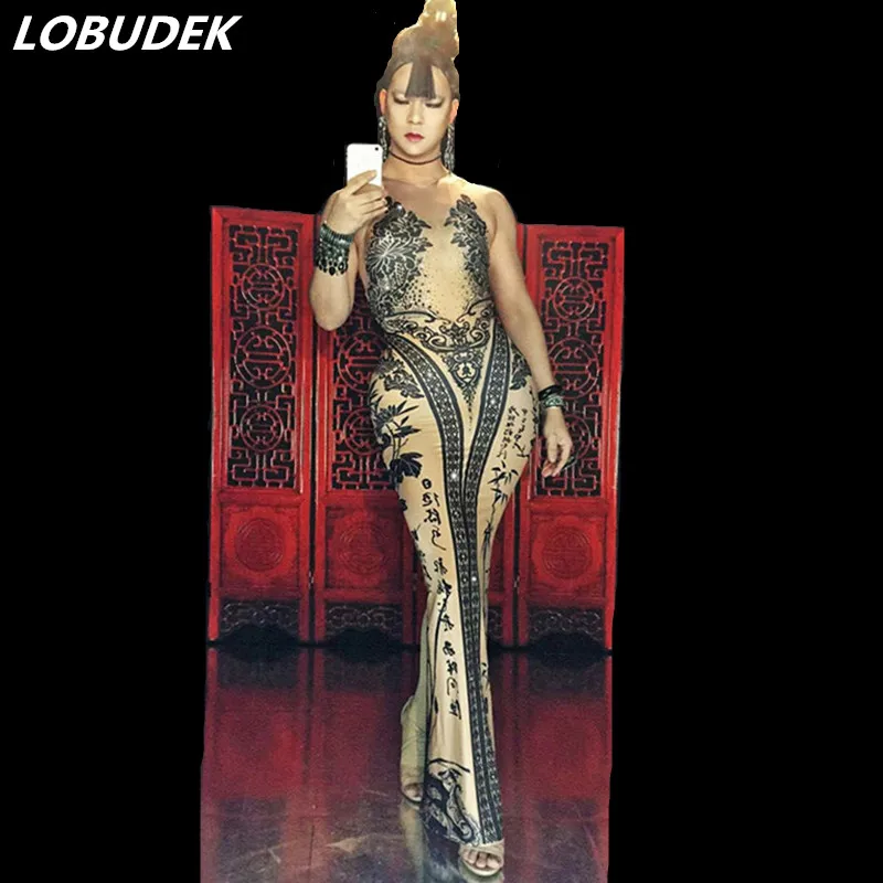 

Sparkly Crystals Vintage Printing Sleeveless Long Dress Sexy Nightclub DJ Singer Prom Party Costume Host Models Catwalk Costume