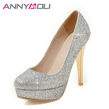 

ANNYMOLI Women Pumps Platform High Heels 2018 Extreme Thin Heel Ladies Shoes Silver Crystal Wedding Shoes Red Plus Size 34-43